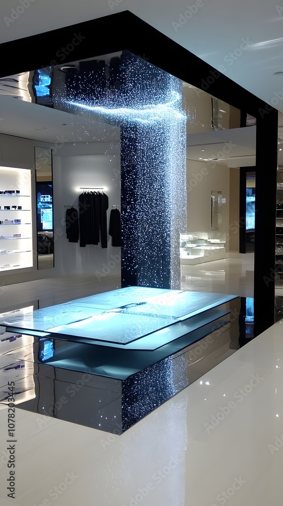 Poster 19. a polished 3d display with high-tech reflections, floating elements, and ample space for showcas