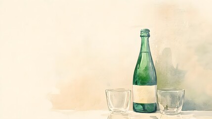 Watercolor Artistic using soft, brushy watercolor strokes, Single object picture - a sleek bottle of sparkling cider resting beside two empty glasses