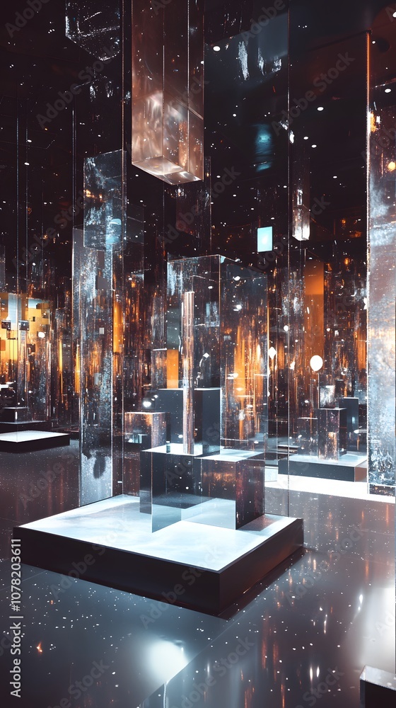 Aufkleber 19. a polished 3d display with high-tech reflections, floating elements, and ample space for showcas