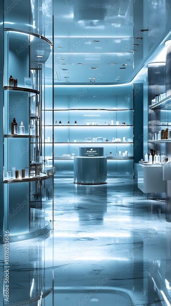 Poster 19. a polished 3d display with high-tech reflections, floating elements, and ample space for showcas