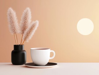 Elegant coffee cup with decorative pampas grass against a warm background.