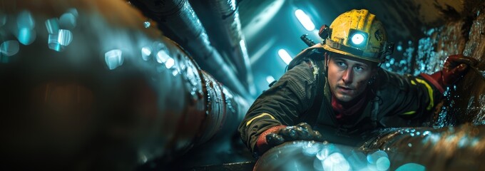 A young Caucasian male miner carefully navigates through a dark tunnel.