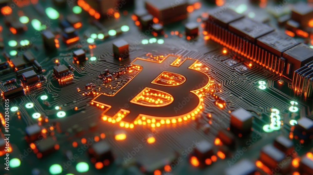 Aufkleber digital circuit board with bitcoin symbol illuminated