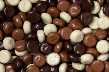 Variation of chocolate covered traditional Dutch kruidnoten close up full frame as background