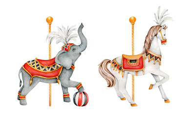 Circus animals elephant and horse.Amusement park.Childish illustration.Carnival © Victoria