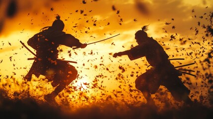 Obraz premium Epic Samurai Showdown at Golden Hour