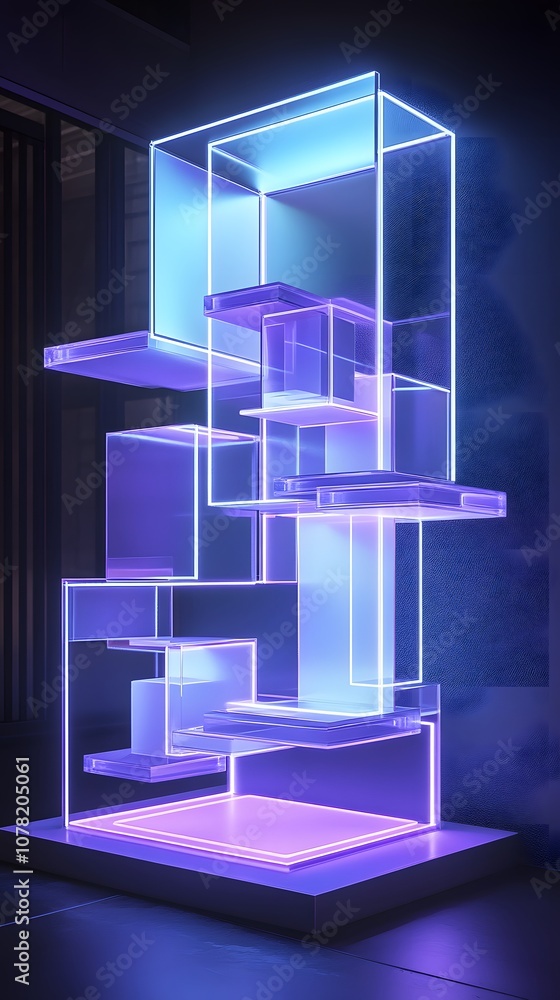 Poster 3. a high-tech 3d display with geometric floating structures, glowing edges, and a clear vertical ar