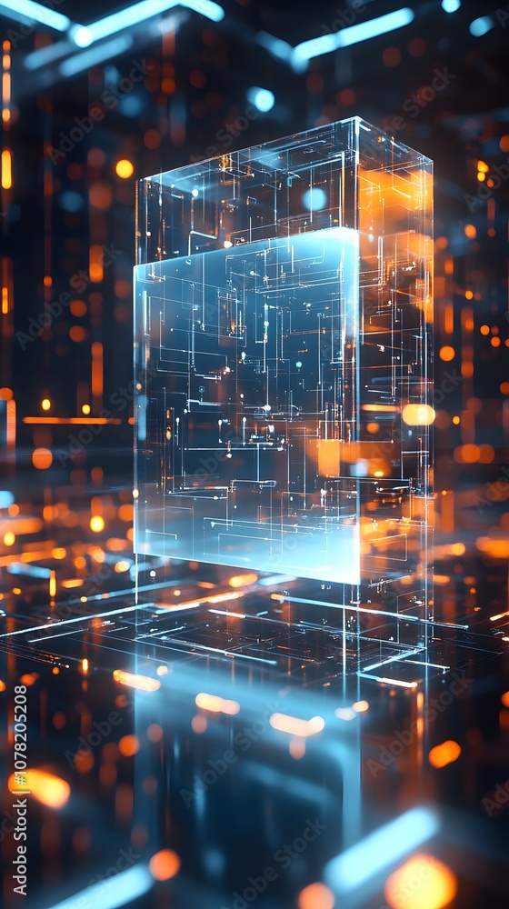Poster 3. a high-tech 3d display with geometric floating structures, glowing edges, and a clear vertical ar