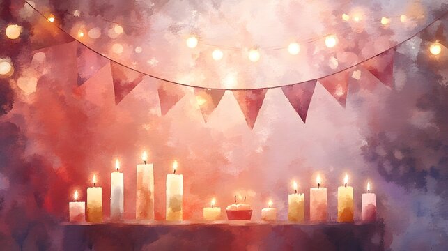 Watercolor Artistic using soft, brushy watercolor strokes, Single object picture - a festive table decorated with candles and a congratulatory banner