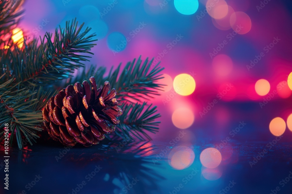 Poster pine branch with a pine cone on a blue background with colorful lights.
