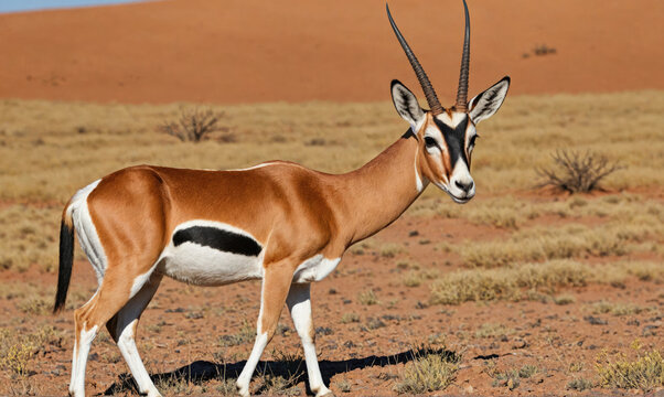 A springbok walks through a desert landscape