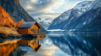 Fototapeta premium A wooden cabin sits on the edge of a still lake, with snow-capped mountains in the background.