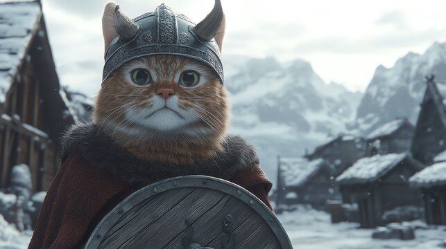 A ginger cat wearing a viking helmet and holding a shield stands in front of a snow-covered village with mountains in the background.