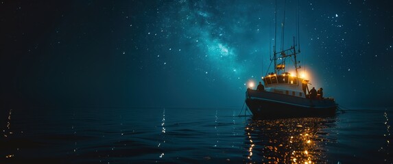 Obraz premium A serene night scene of a fishing boat under a starry sky.