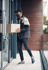 Delivery, door and man with package at building for online shopping order, courier service and shipping. Ecommerce, supply chain and person with face mask for box, parcel and cargo distribution