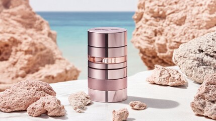 Rose Gold Perfume Bottle on a White Sandy Beach