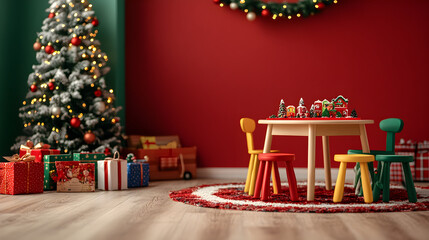 Cheerful holiday playroom with mini chairs and festive decorations