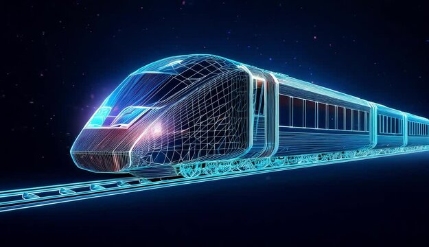 Futuristic Train Design in Neon Glow, Showcasing Advanced Technology with Detailed Wireframe Structure on Tracks in a High-Speed Environment