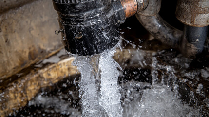 A pipe is dripping water and the water is cold. The water is coming out of a pipe and is splashing onto the ground