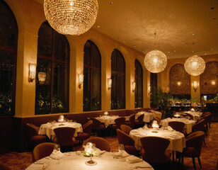 Ristorante di lusso con grandi lampadari e decorazioni in stile classico.