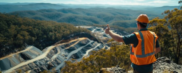 Male worker in safety gear gives a thumbs up at a mining site surrounded by nature.
