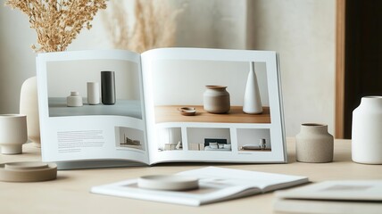 Branding brochures and catalog open to high-quality product images on a table