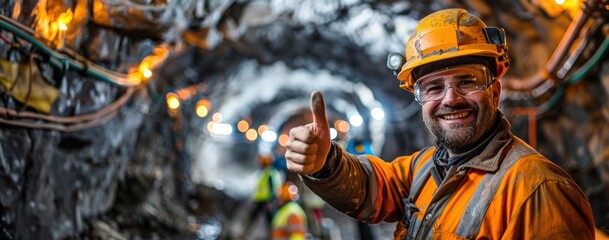 Smiling male miner in an orange uniform giving a thumbs up underground.