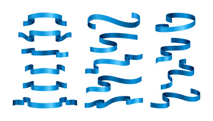 Set of realistic waved blue silk ribbons isolated on a white background. Design element for greeting card. Beautiful holiday decorations. Vector illustration