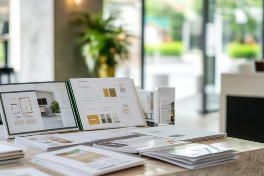 High-definition spread of product catalogs and corporate marketing materials on a table