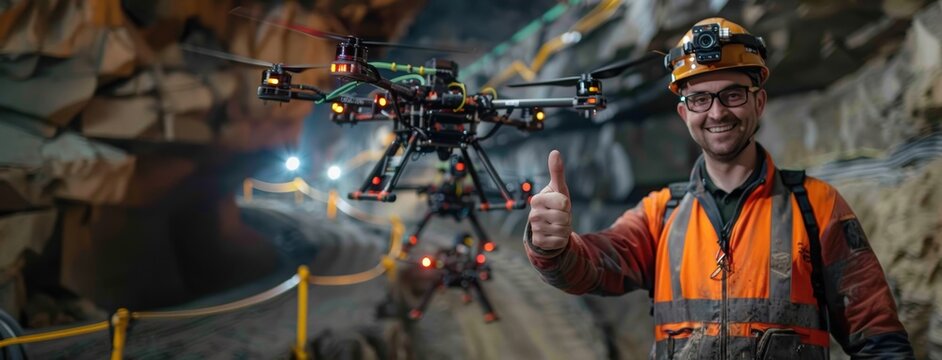 Happy male miner with drones in a dark tunnel, showcasing modern mining technology.