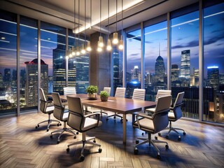 Modern Conference Room with City Skyline View at Night - Sleek Design, Glass Walls, Urban Landscape, Professional Setting, Business Meeting, Corporate Environment, City Lights, Nighttime Ambiance