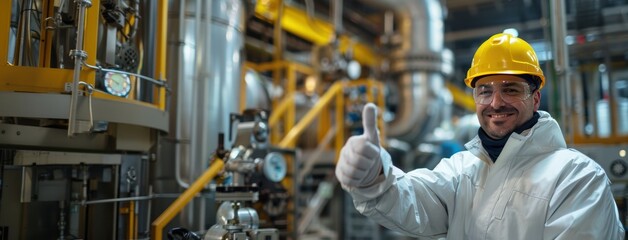 Male Hispanic engineer in a hard hat giving a thumbs up in an industrial setting.