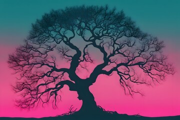 Twisted and gnarled tree silhouette against a gradient background, AI Generated