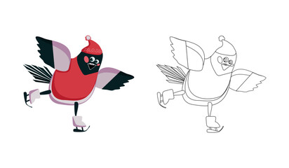 Coloring page cartoon character bullfinch in a hat on skates - vector flat illustration, black outline on a white background and an example in color for children's educational books