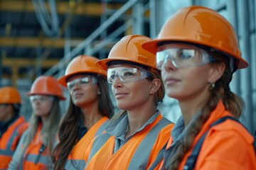 Construction Workers in Safety Gear Standing in Line at a Building Site, Focusing on Teamwork and Safety Awareness During Daylight Hours