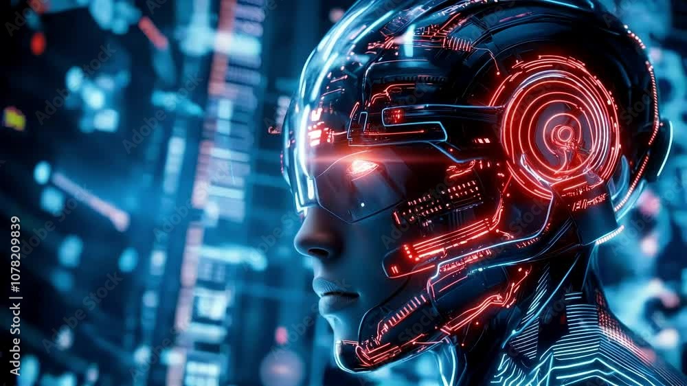 Poster futuristic cybernetic face design with neon lights and digital elements representing artificial inte