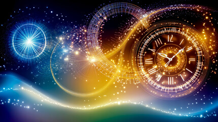 A colorful, glowing clock with roman numerals on a dark background