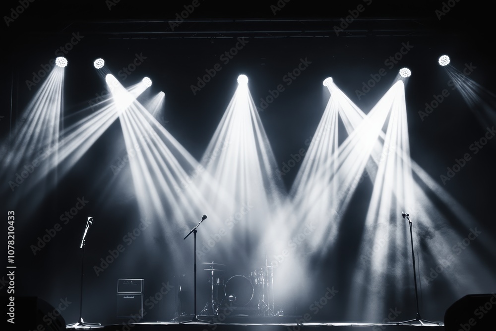 Poster empty stage with microphones and instruments, illuminated by dynamic spotlights.