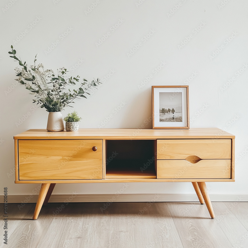 Poster a wooden cabinet with a drawer and a door sits in front of a white wall. the cabinet is styled with 