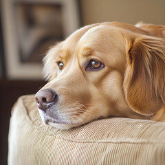 A golden retriever resting peacefully on a cozy couch, gazing thoughtfully