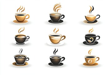 Obraz premium Set of 9 Colorful Coffee Cups with Steam on White Background