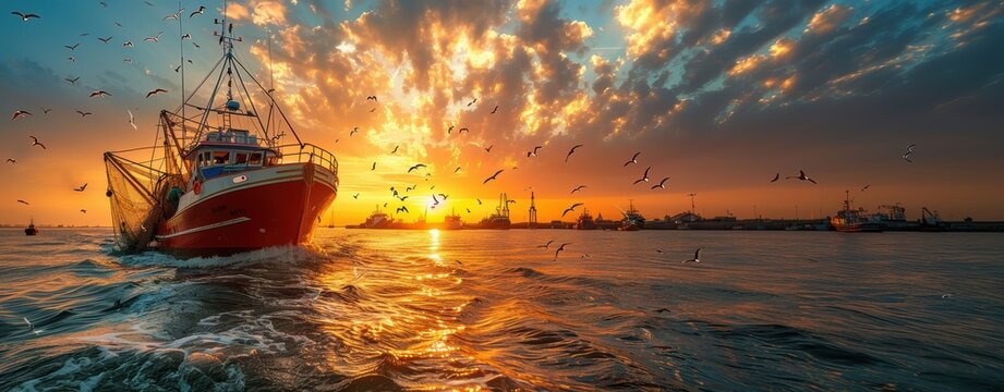 A vibrant fishing boat at sunset with seagulls soaring in the background.