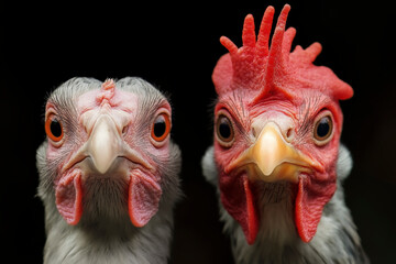 Two chickens with expressive eyes and vivid red combs stand in close proximity, drawing attention to their unique features and personalities.