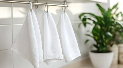 Fototapeta premium Three White Kitchen Towels Hanging on a Silver Rail