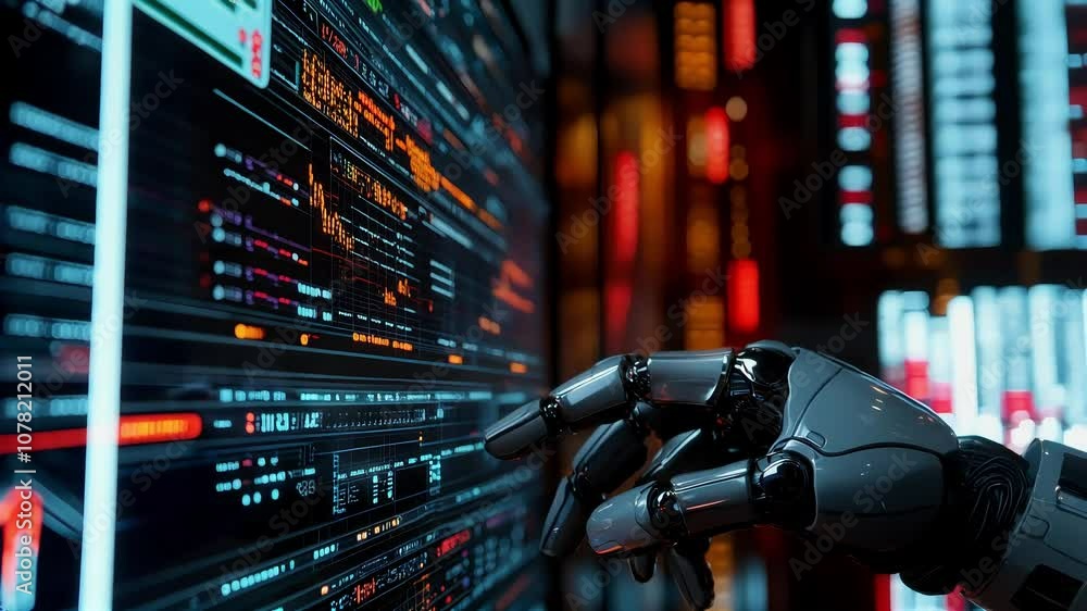 Poster futuristic robot hand interacting with digital financial data on screen in a high-tech environment e