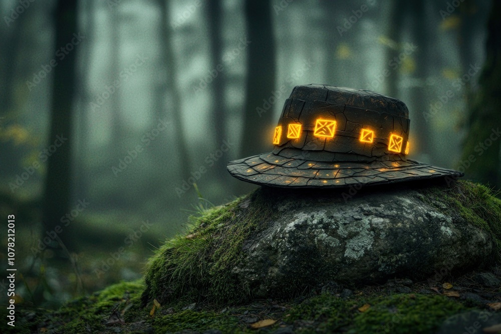 Poster discover the enigmatic glow of the illuminated hat in a mystical forest setting