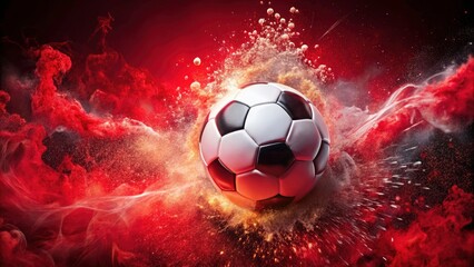 Fototapeta premium Intense Soccer Ball on Fiery Red Background - Powerful and Dynamic Sports Imagery for Advertising and Promotion