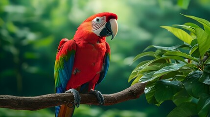 Obraz premium Vibrant Parrot on Tropical Tree, a colorful parrot resting on a lush green branch, surrounded by vibrant foliage in a serene tropical setting
