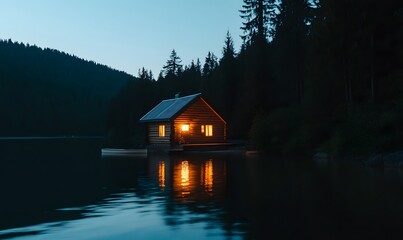 Fototapeta premium A quiet lakeside cabin at dusk, surrounded by nature, Generative AI