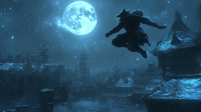 A hooded figure leaps over a snowy city skyline with a bright blue moon in the background. - Powered by Adobe